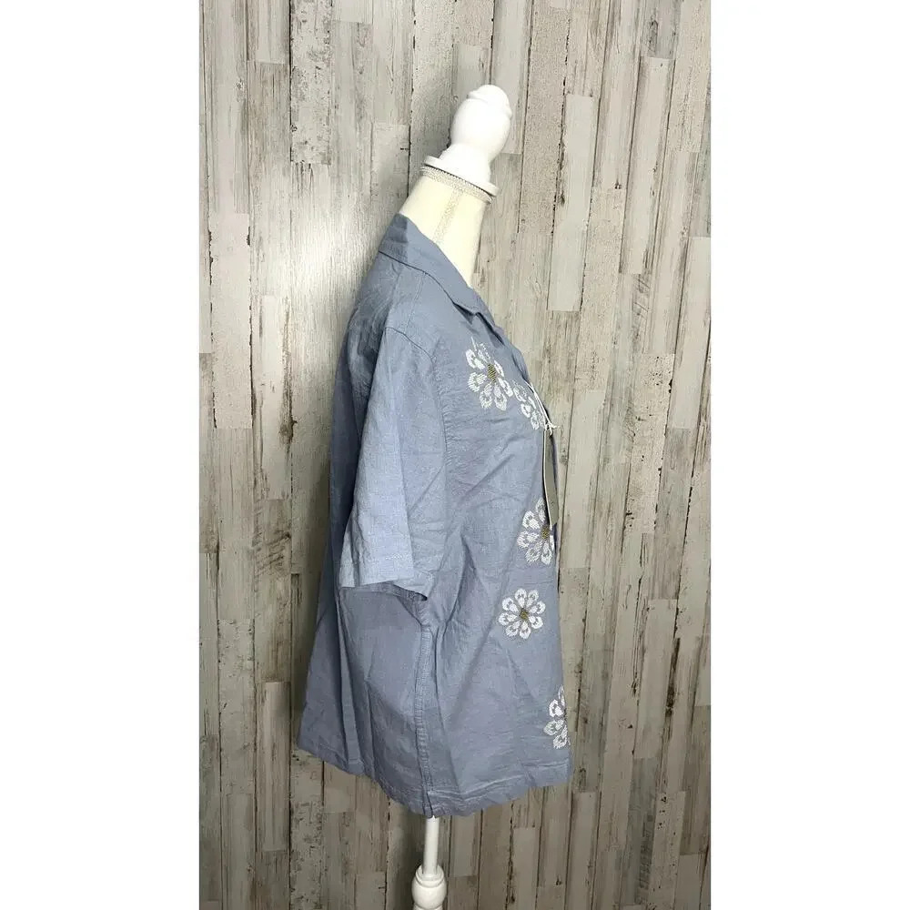 NWT Folk Mens Medium Blue Floral Embroidered Kota Short Sleeve Button-Down Shirt - Picture 4 of 6